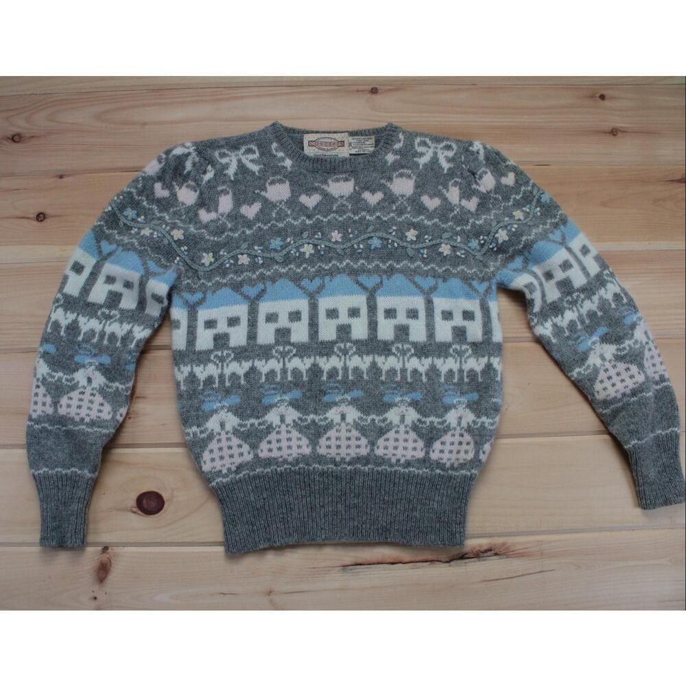 Vintage 1986 Susan Bristol Sweater‎ Victorian Grandma Cats Bows Teapots Flowers